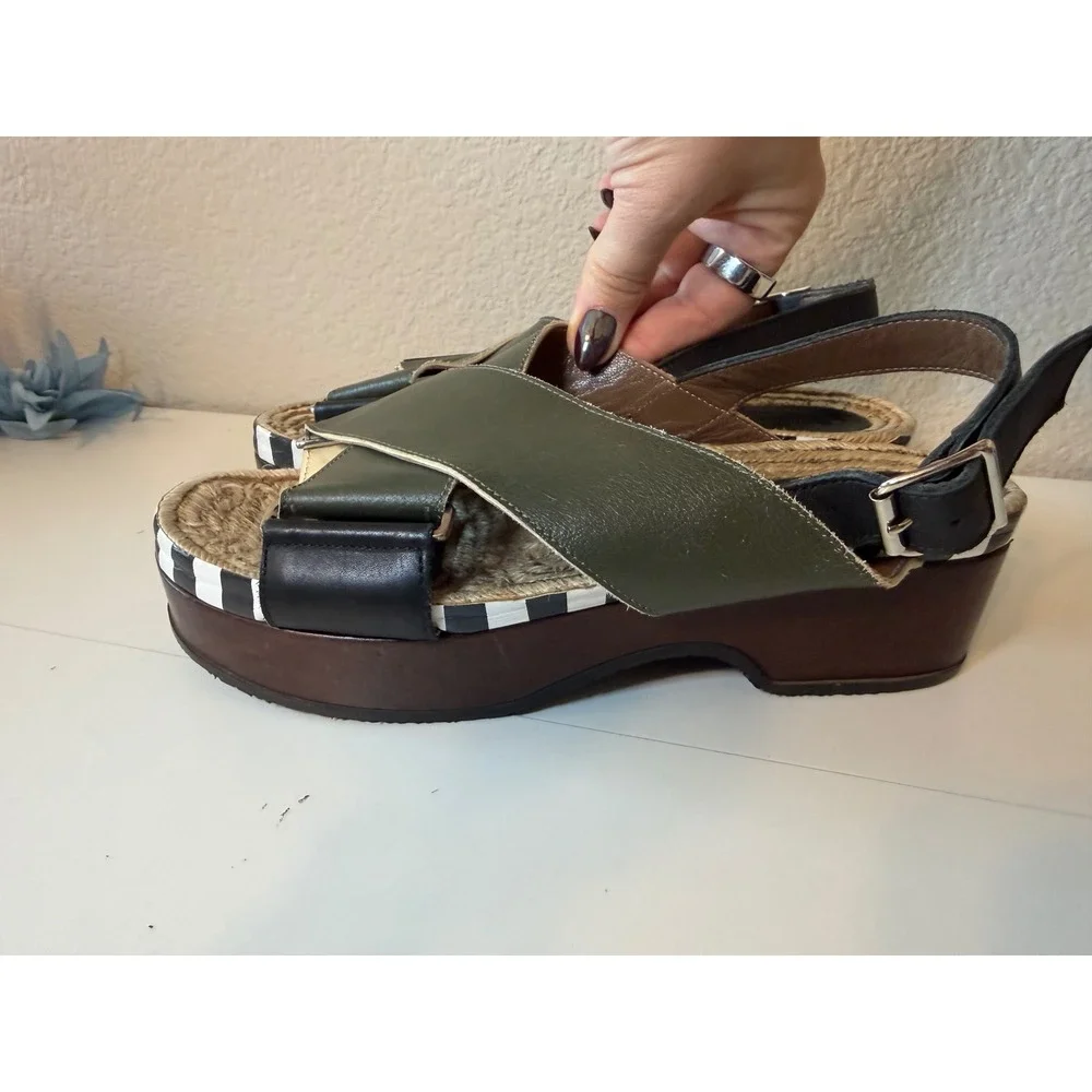 Marni Olive Green Leather Espadrille Platform Slingback Sandals Striped Trim
